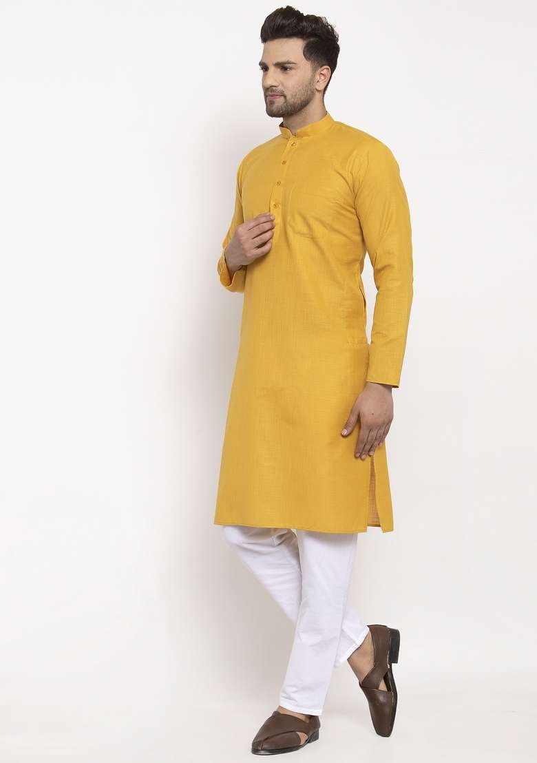 Mustard Yellow Solid Cotton Blend Kurta Set For Men - Indya
