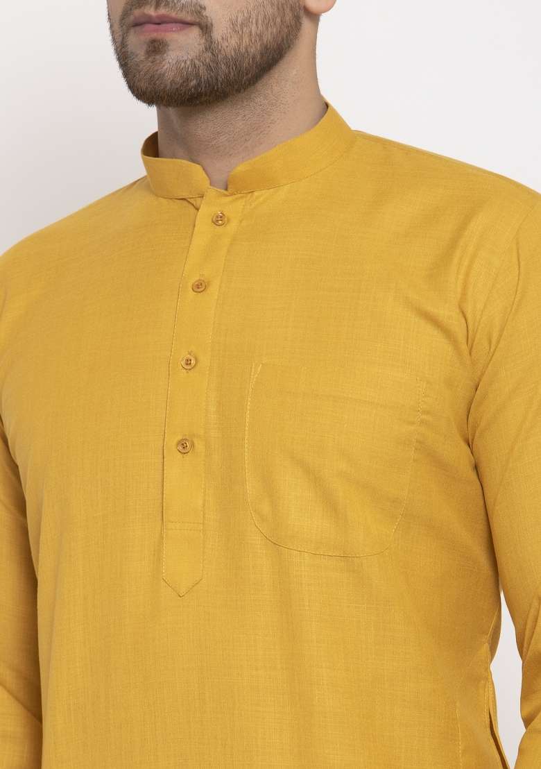 Mustard Yellow Solid Cotton Blend Kurta Set For Men - Indya