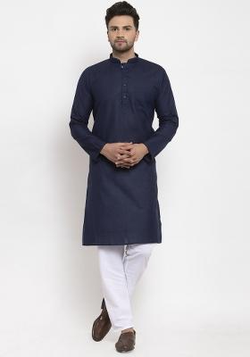 Navy Blue Solid Cotton Blend Kurta Set For Men