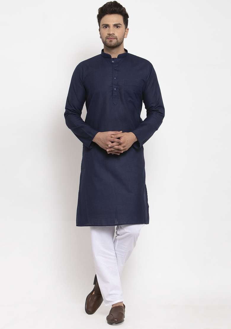 Navy Blue Solid Cotton Blend Kurta Set For Men - Indya