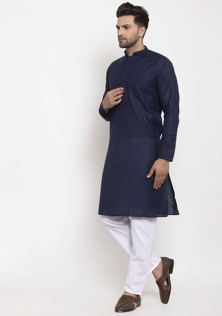 Navy Blue Solid Cotton Blend Kurta Set For Men - Indya