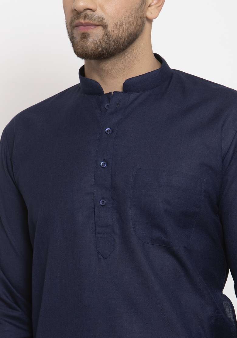 Navy Blue Solid Cotton Blend Kurta Set For Men - Indya