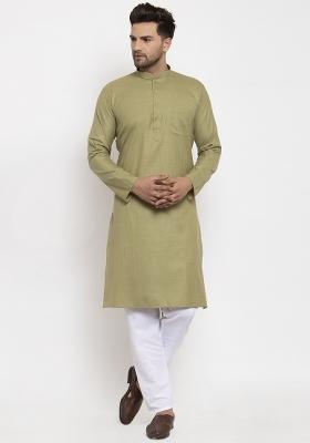 Green Solid Cotton Blend Kurta Set For Men