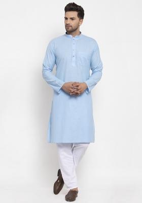 Turquoise Blue Solid Cotton Blend Kurta Set For Men
