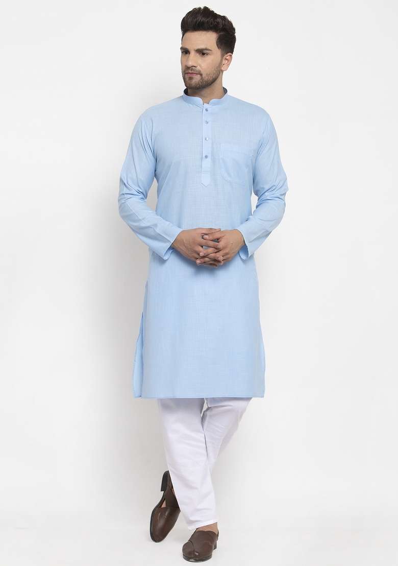 Turquoise Blue Solid Cotton Blend Kurta Set For Men - Indya