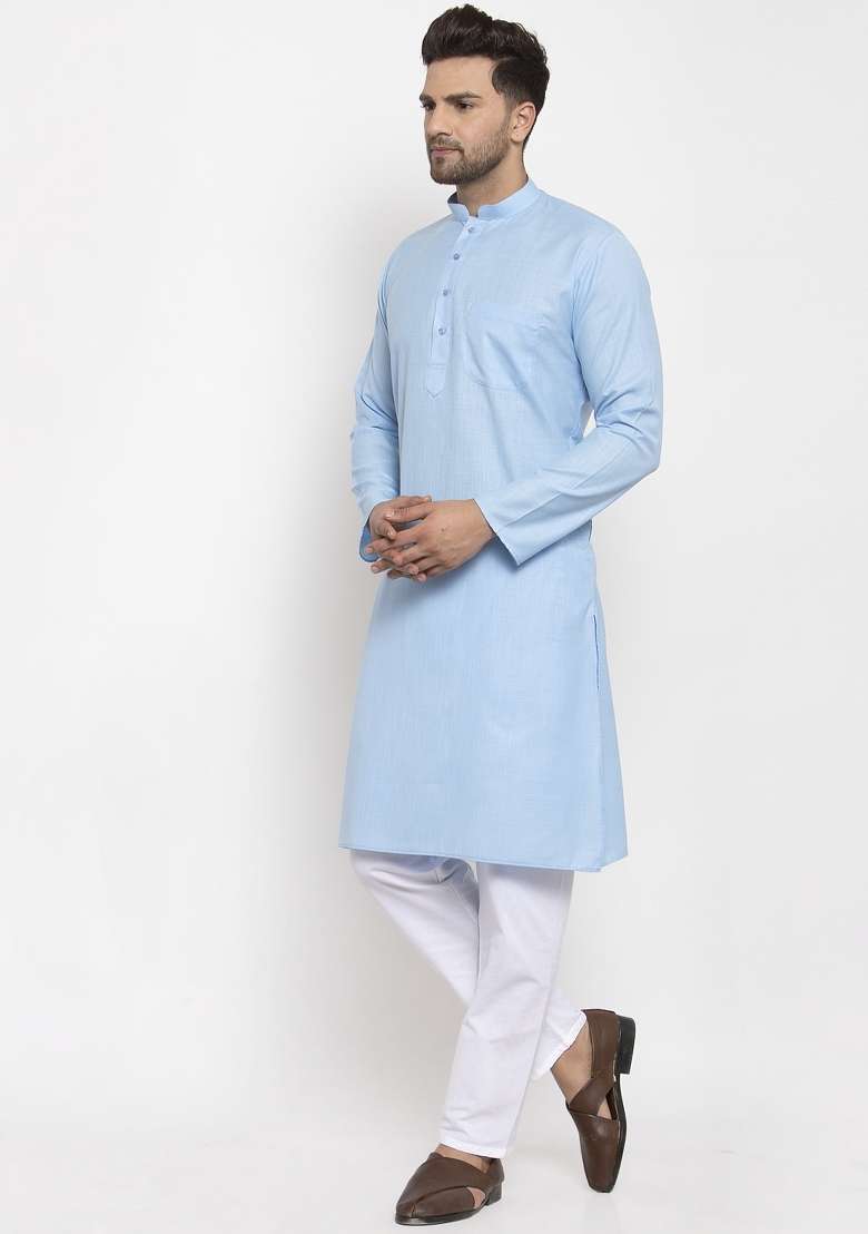 Turquoise Blue Solid Cotton Blend Kurta Set For Men - Indya