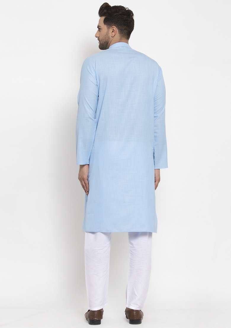 Turquoise Blue Solid Cotton Blend Kurta Set For Men - Indya