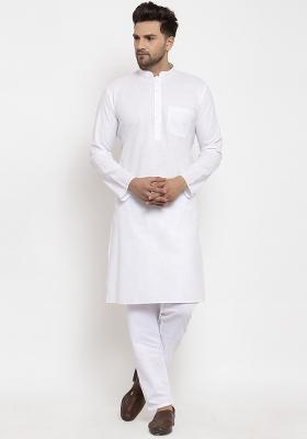 White Solid Cotton Blend Kurta Set For Men