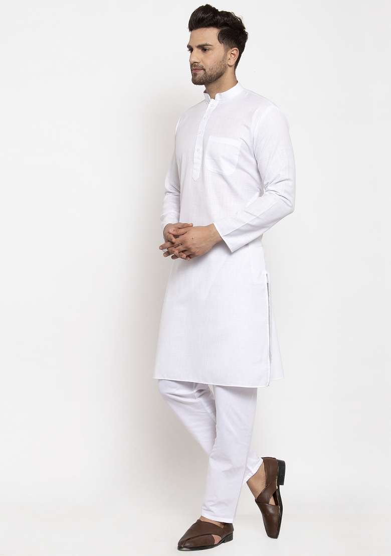 White Solid Cotton Blend Kurta Set For Men - Indya
