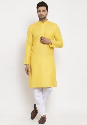 Yellow Solid Cotton Blend Kurta Set For Men