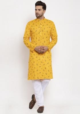Yellow Printed Cotton Blend Kurta Set For Men