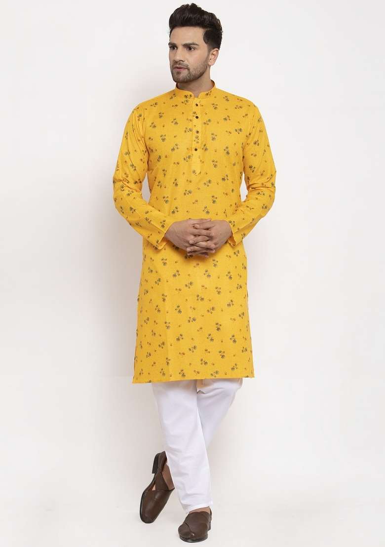 Yellow Printed Cotton Blend Kurta Set For Men - Indya