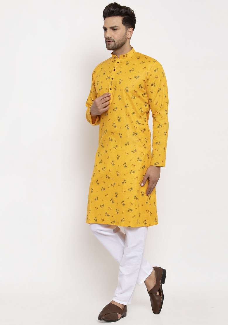 Yellow Printed Cotton Blend Kurta Set For Men - Indya