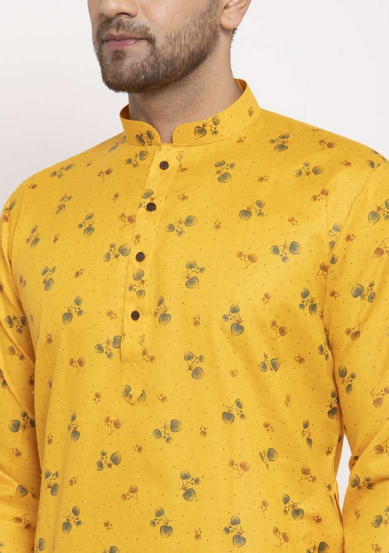 Yellow Printed Cotton Blend Kurta Set For Men - Indya