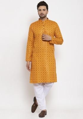 Mustard Yellow Printed Cotton Blend Kurta Set For Men