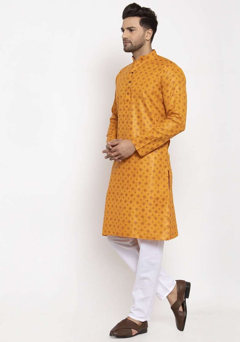 Mustard Yellow Printed Cotton Blend Kurta Set For Men - Indya