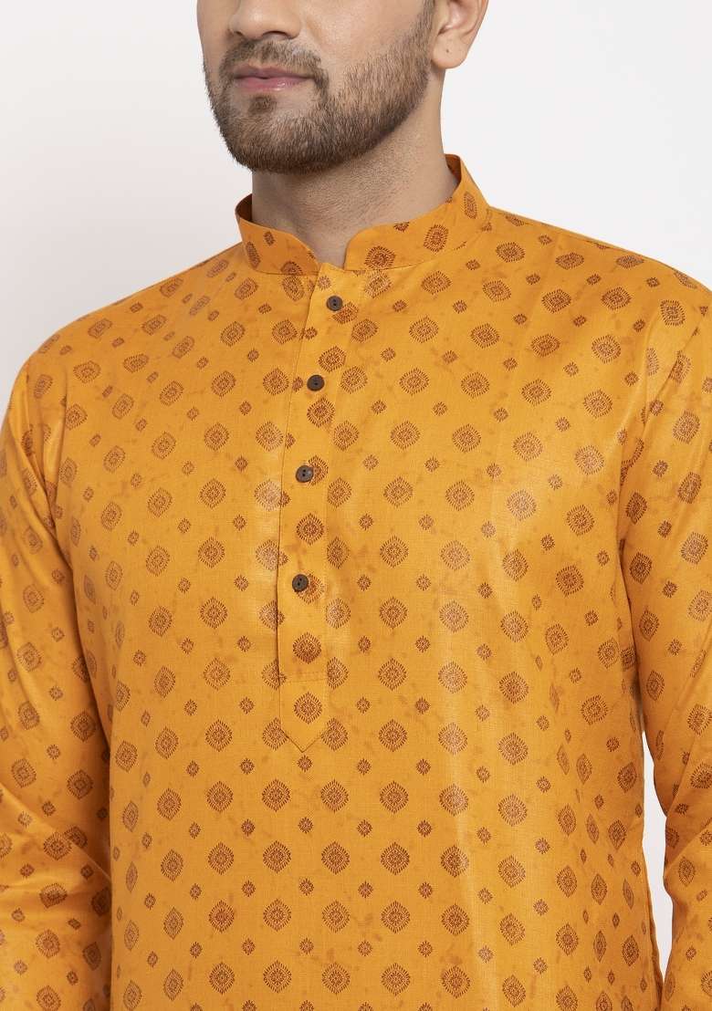 Mustard Yellow Printed Cotton Blend Kurta Set For Men - Indya