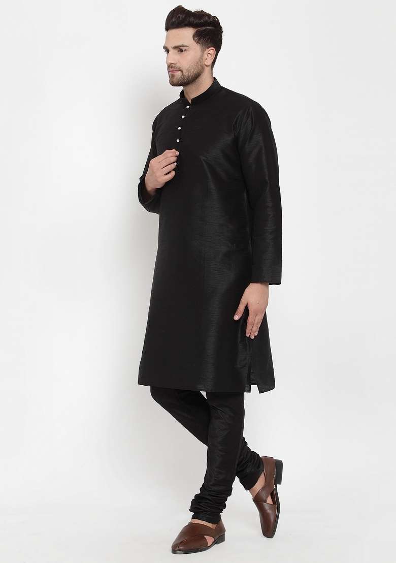 Black Solid Dupion Silk Blend Kurta Set For Men - Indya
