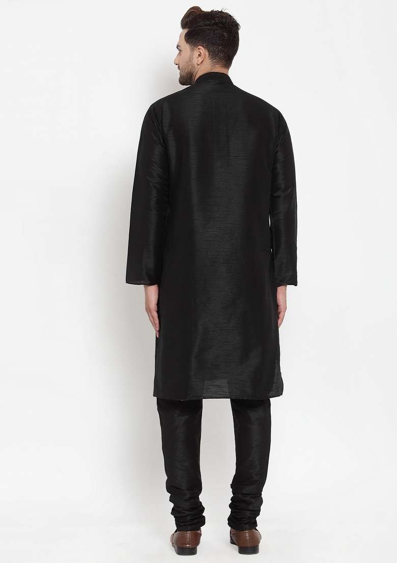 Black Solid Dupion Silk Blend Kurta Set For Men - Indya