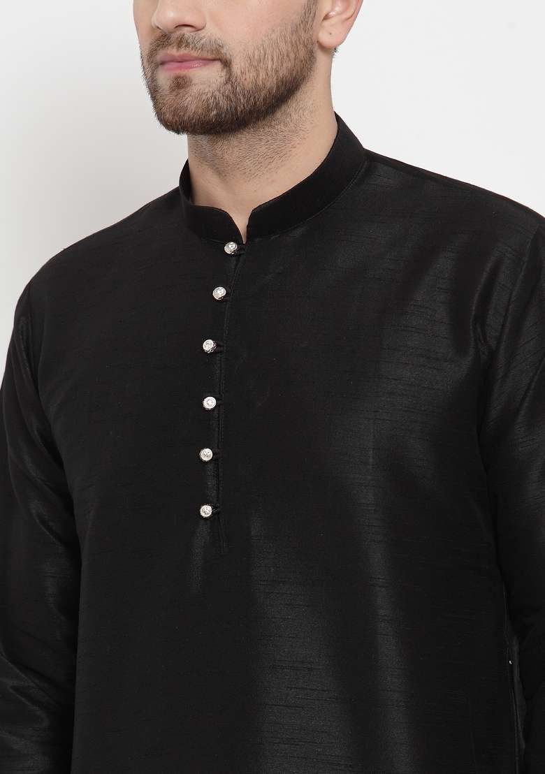 Black Solid Dupion Silk Blend Kurta Set For Men - Indya