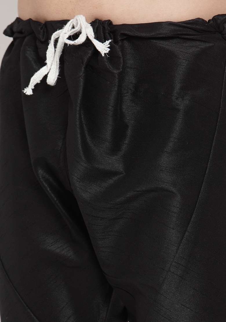 Black Solid Dupion Silk Blend Kurta Set For Men - Indya