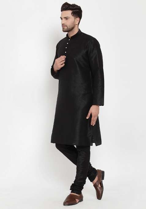 Black Solid Dupion Silk Blend Kurta Set For Men