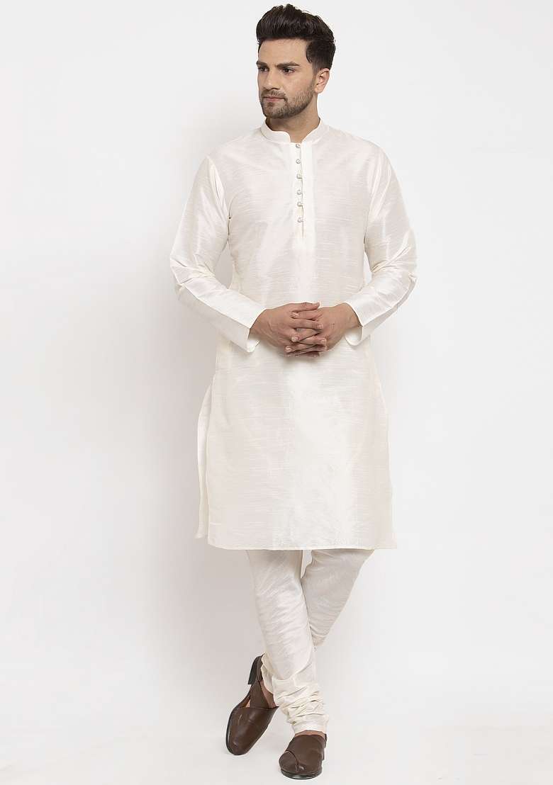 Cream Solid Dupion Silk Blend Kurta Set For Men - Indya