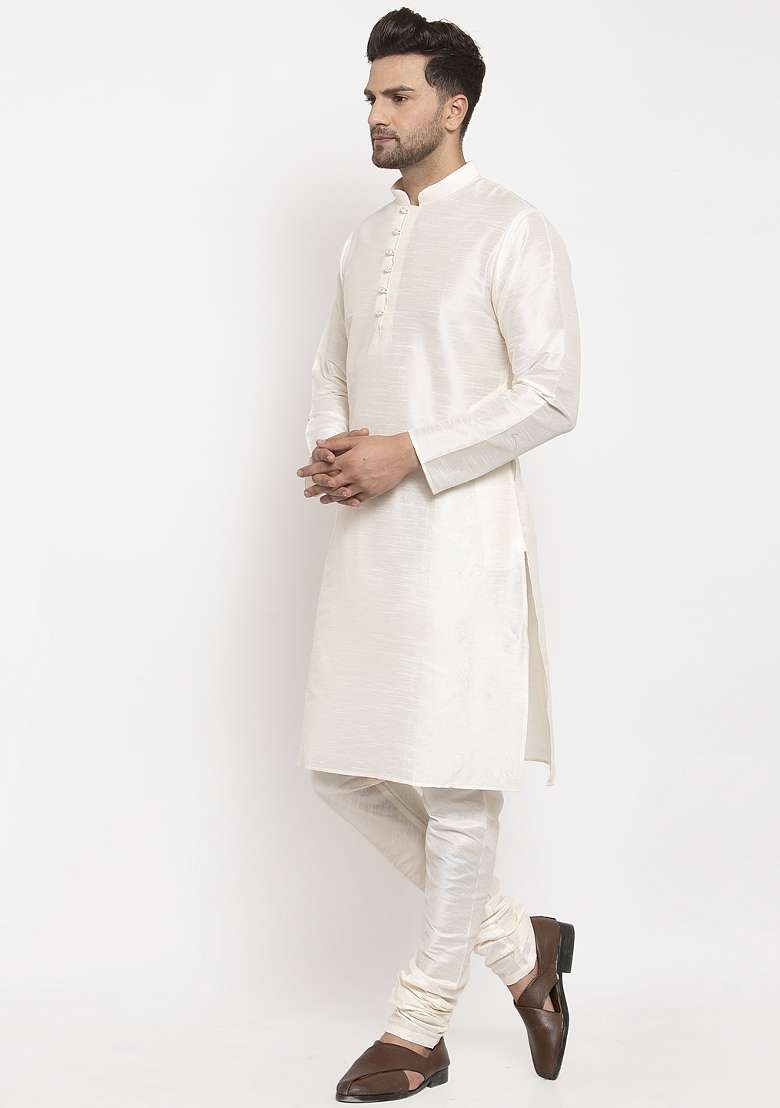 Cream Solid Dupion Silk Blend Kurta Set For Men - Indya