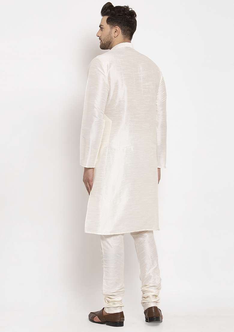 Cream Solid Dupion Silk Blend Kurta Set For Men - Indya