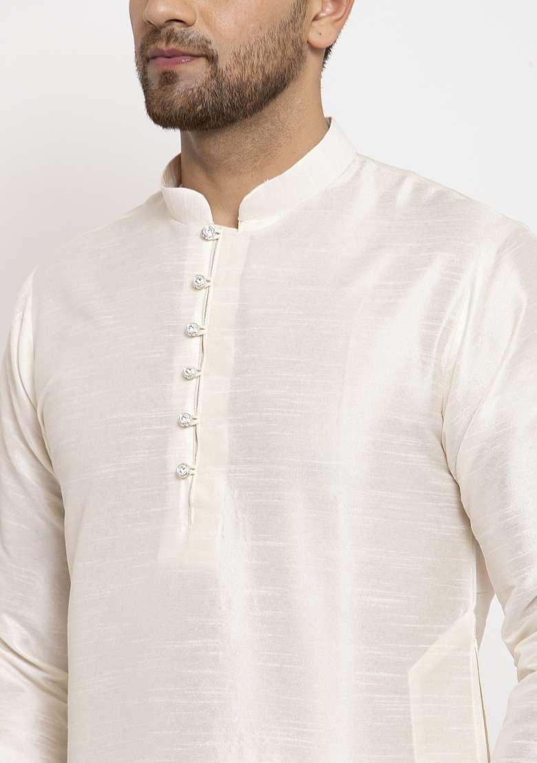 Cream Solid Dupion Silk Blend Kurta Set For Men - Indya