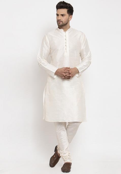 Cream Solid Dupion Silk Blend Kurta Set For Men