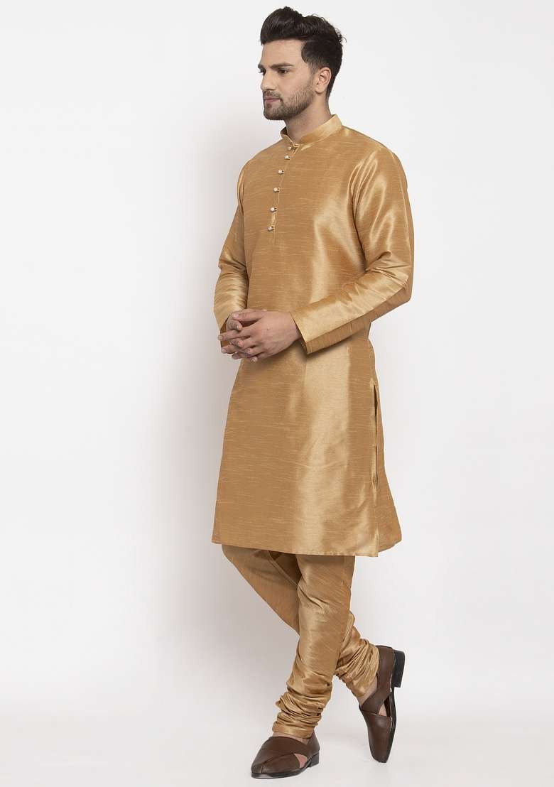 Gold Solid Dupion Silk Blend Kurta Set For Men - Indya