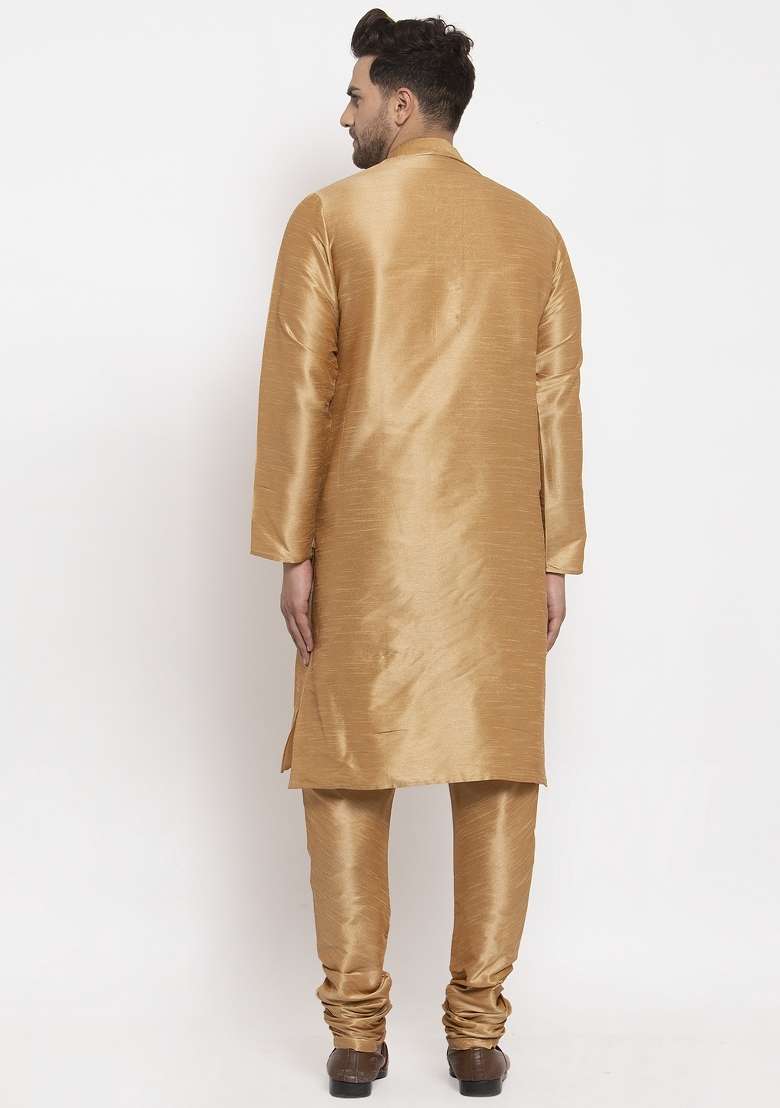 Gold Solid Dupion Silk Blend Kurta Set For Men - Indya
