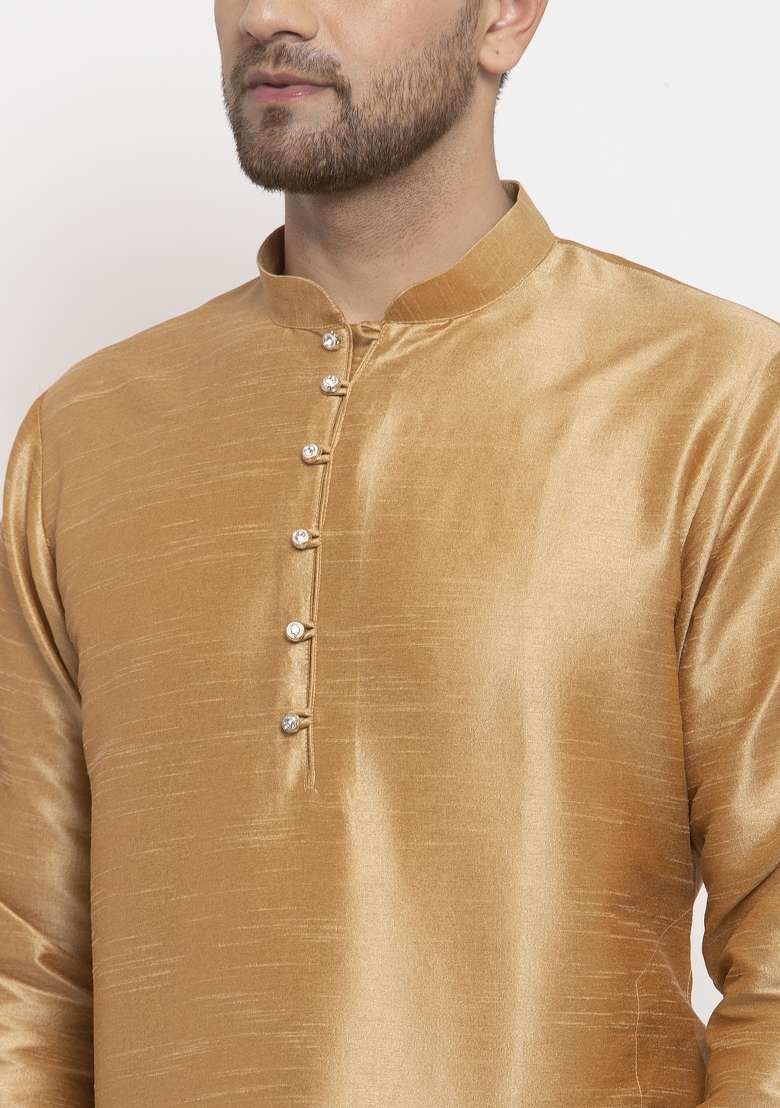 Gold Solid Dupion Silk Blend Kurta Set For Men - Indya