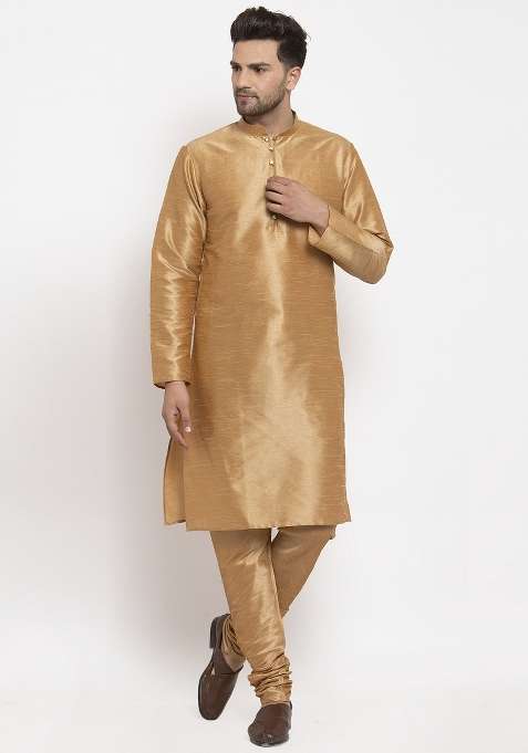 Gold Solid Dupion Silk Blend Kurta Set For Men