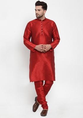 Maroon Solid Dupion Silk Kurta Set For Men