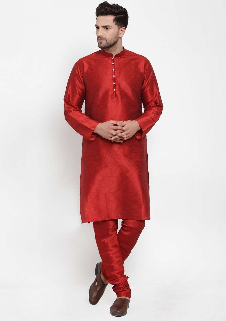 Maroon Solid Dupion Silk Kurta Set For Men - Indya