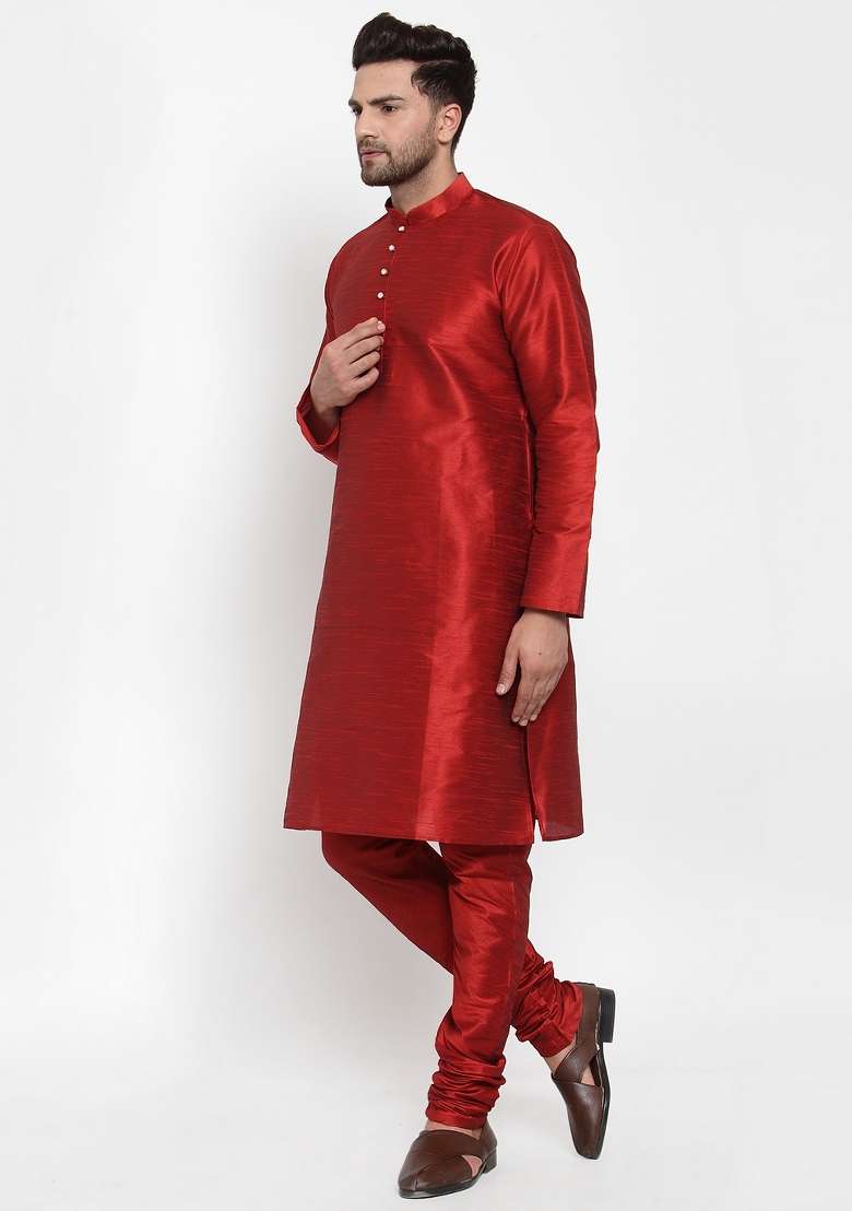 Maroon Solid Dupion Silk Kurta Set For Men - Indya