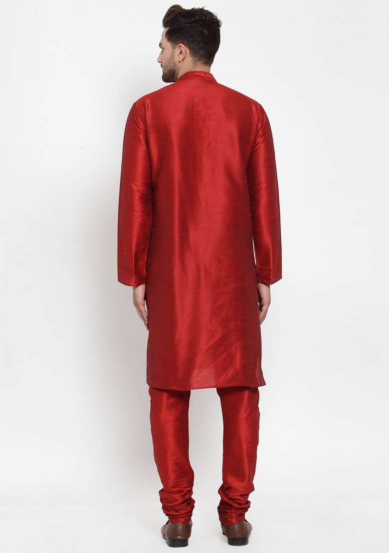 Maroon Solid Dupion Silk Kurta Set For Men - Indya