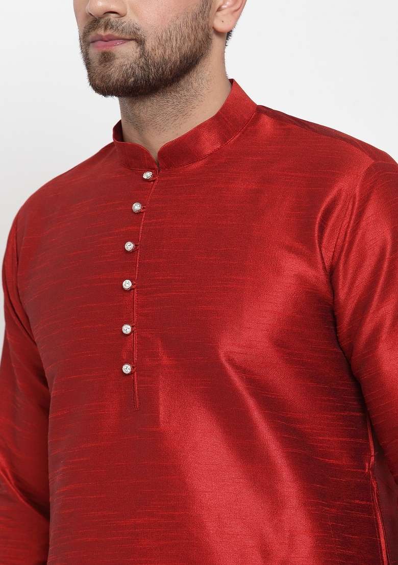 Maroon Solid Dupion Silk Kurta Set For Men - Indya
