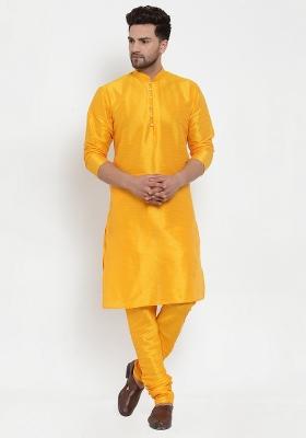 Mustard Yellow Solid Dupion Silk Blend Kurta Set For Men