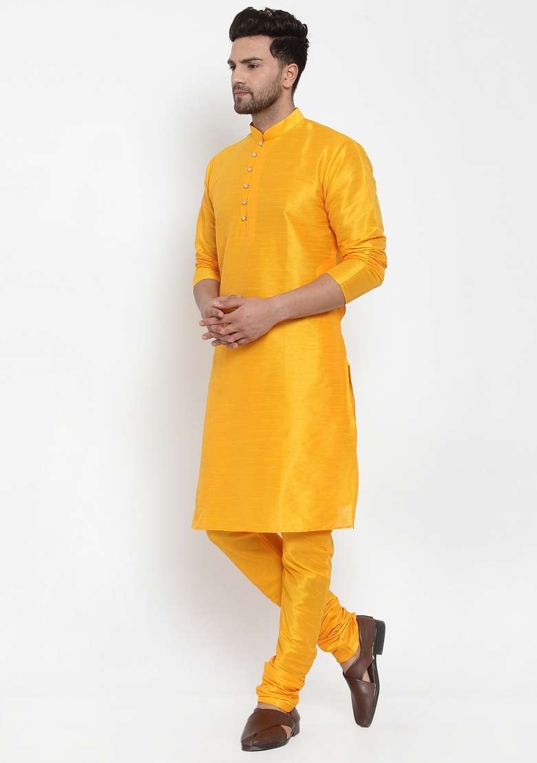 Mustard Yellow Solid Dupion Silk Blend Kurta Set For Men - Indya