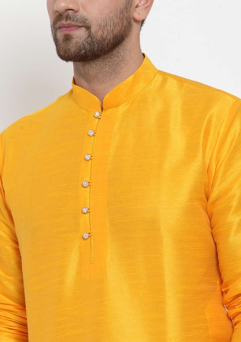 Mustard Yellow Solid Dupion Silk Blend Kurta Set For Men - Indya
