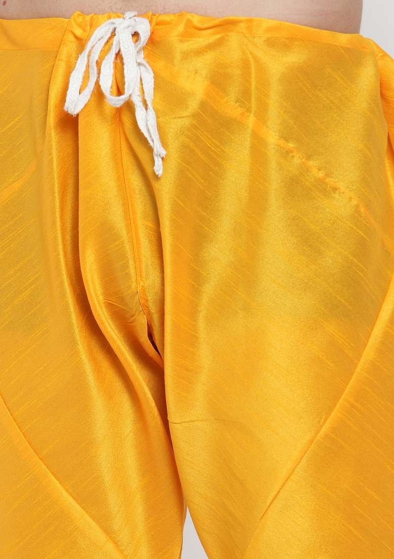 Mustard Yellow Solid Dupion Silk Blend Kurta Set For Men - Indya