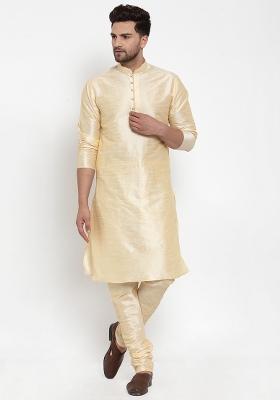 Beige Solid Dupion Silk Kurta Set For Men