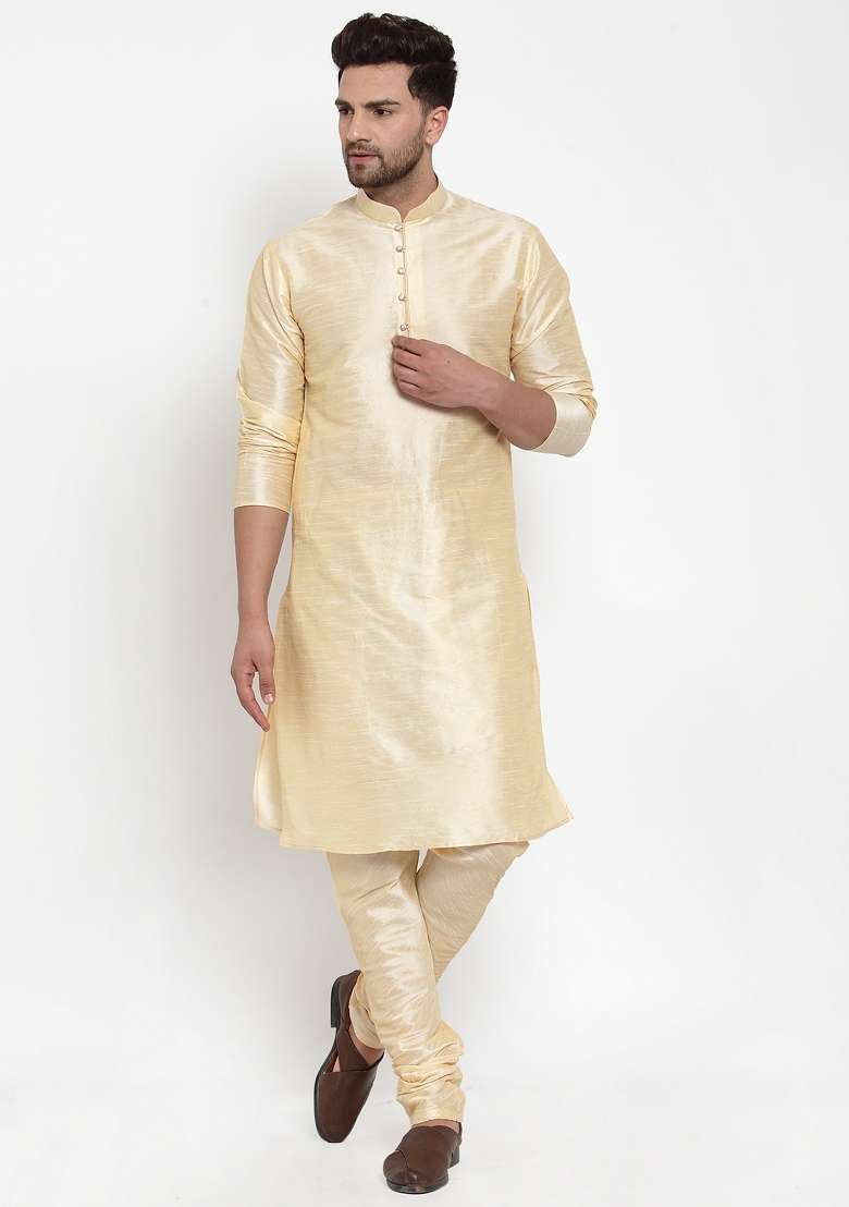 Beige Solid Dupion Silk Blend Kurta Set For Men - Indya