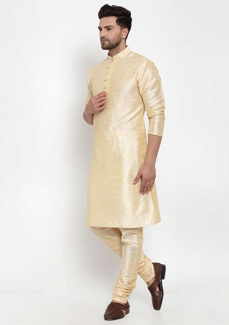 Beige Solid Dupion Silk Blend Kurta Set For Men - Indya