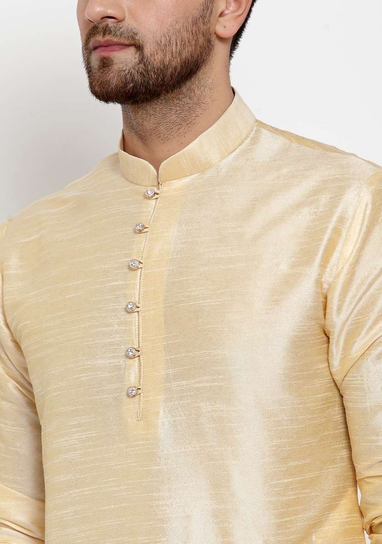 Beige Solid Dupion Silk Blend Kurta Set For Men - Indya
