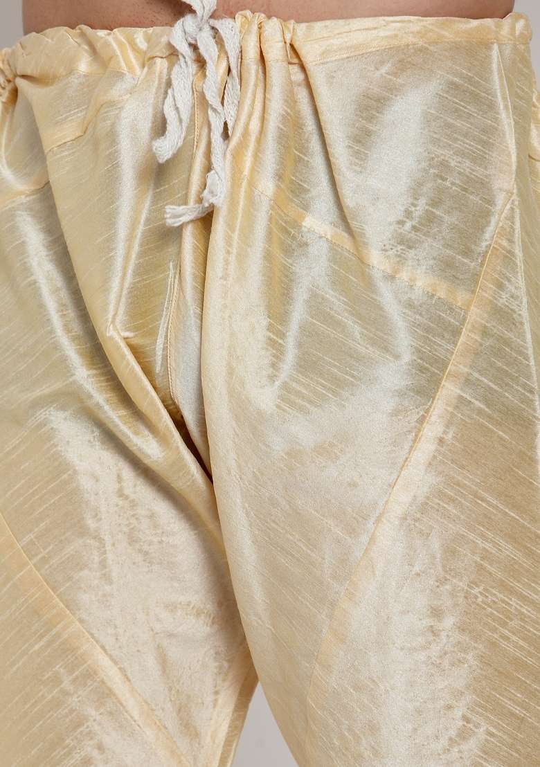 Beige Solid Dupion Silk Blend Kurta Set For Men - Indya
