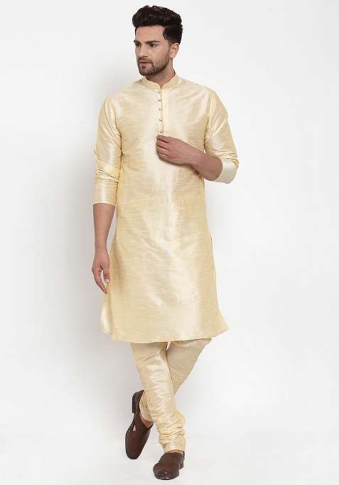 Beige Solid Dupion Silk Blend Kurta Set For Men